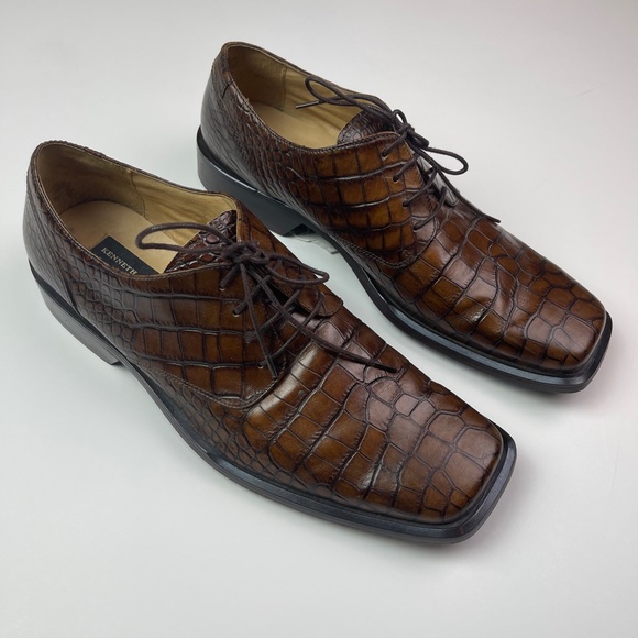 Kenneth Cole New York Brown Leather Crocodile Print Square-toe Oxfords S… main image 6